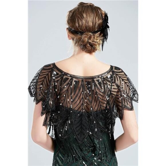 1920s Shawl Wraps Sequin Beaded Evening Cape Bridal Shawl - Picture 4 of 7